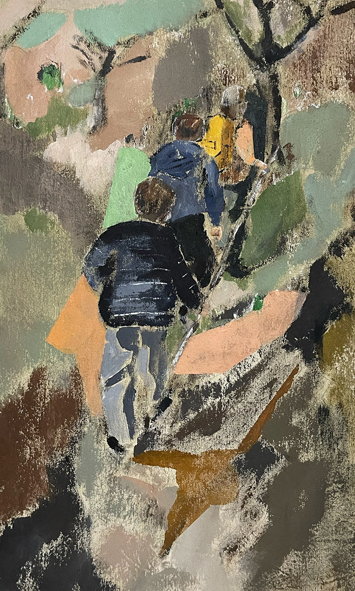 3 Boys carrying a stick up a mountain