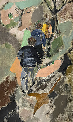 3 Boys carrying a stick up a mountain